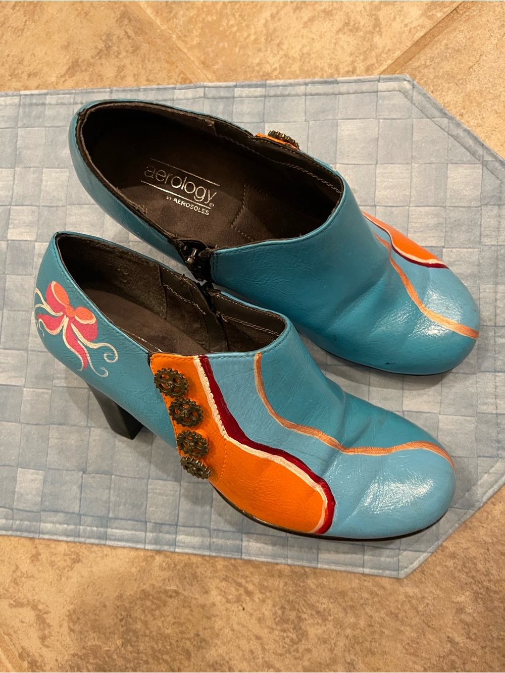 AEROSOLES Turquoise & Orange Hand-Painted Floral Heeled Boots